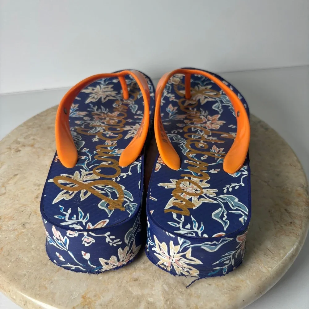 Sam Edelman Kylee Platform Flip Flops 7M Navy Orange Floral Wedge Sandals Y2K